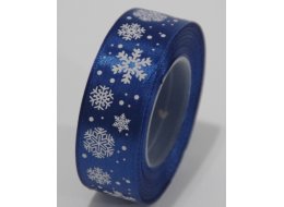 WSTĄŻKA  ATŁASOWA ŚNIEŻYNKI NIEBIESKA 25 MM X 25 Y 