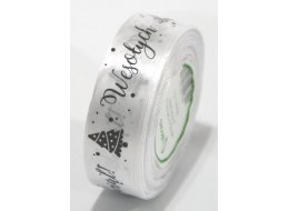 WSTĄŻKA  ATŁASOWA WESOŁYCH ŚWIĄT BIAŁA 25 MM X 25 Y 