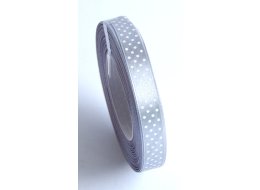 WSTĄŻKA  SATYNOWA SREBRNA BIAŁE KROPKI 12  MM 
