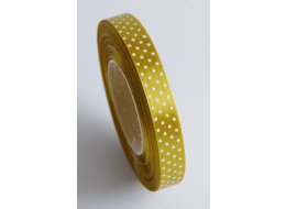 WSTĄŻKA  SATYNOWA ZŁOTA BIAŁE KROPKI 12  MM 