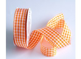 WSTĄŻKA  DEKORACYJNA KRATKA  25  MM  POMARAŃCZOWO - BIAŁA